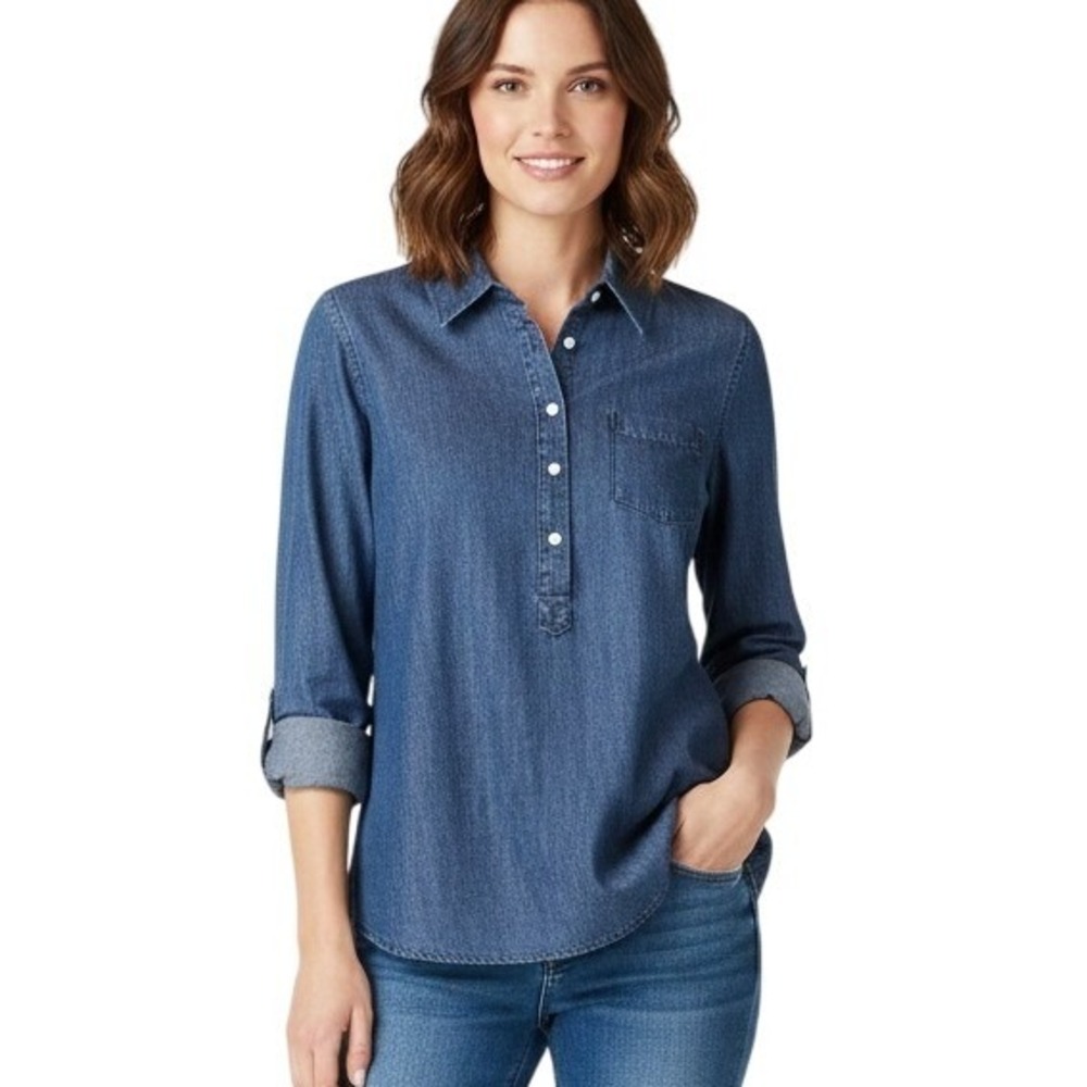 Tommy Hilfiger Denim Tunic Women's M Top Roll-Tab Sleeves Button Down Country